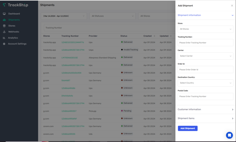 Add shipment manually - TrackShip Docs