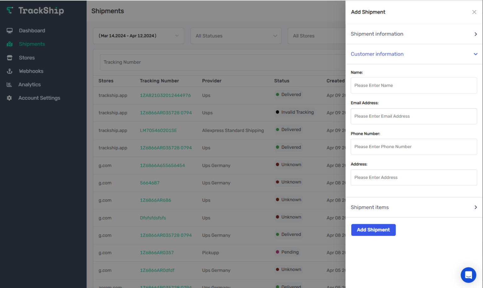 Add shipment manually - TrackShip Docs